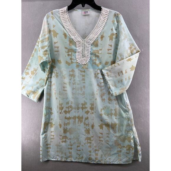 LULLA by BINDVA Coverup Swim Oversize BEACH Kraftin TUNIC Blue Tan OS Lightweigh - Picture 1 of 9